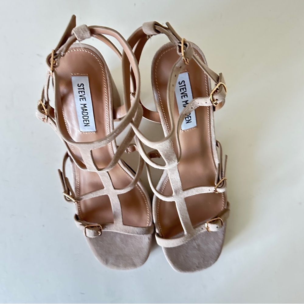 NEW Steve Madden Daelene Tan Suede Strappy Block Heel Platform Sandals, Sz 9M - Picture 6 of 16